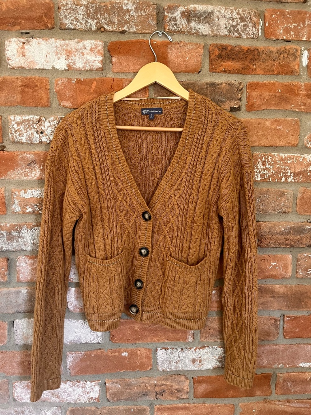Democracy Light Brown Cardigan Sweater with Gold Trim — Size Small
